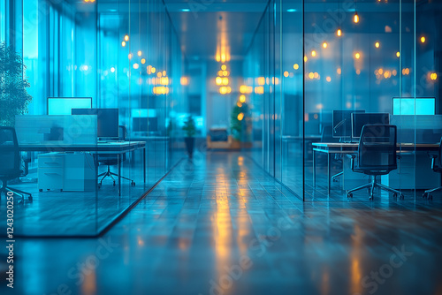 Office Room With Glass Walls And A Desk In A Brightly Lit Blue Environment Featuring An Empty Office Hallway With Soft Blue And Dark Teal Lighting Creating A Modern Commercial Workspace. Generative Ai
