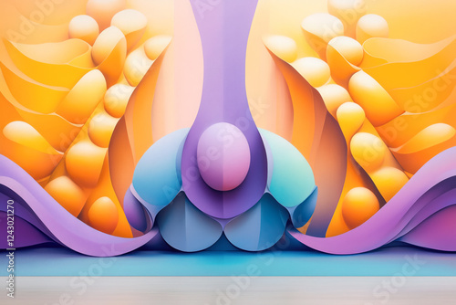 Surreal modernist abstract geometric background, symmetrical orbs, waves, shape interplay vivid bold colours photo