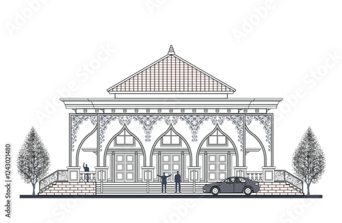 Facade of a storey symmetrical modern classic building with 3 doors, 6 columns, triangular roof, balustrade, frames, decoration, stairs, crowns, canopy  and its elements design.