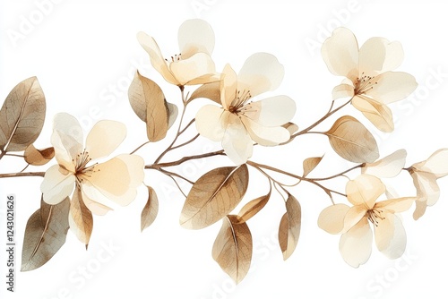 An isolated watercolor design of tropical spring floral elements, including green leaves and flowers, on a transparent PNG background, suitable for bouquets, greeting cards, or wedding decor,