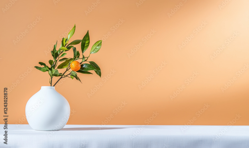Minimalistic Orange Branch in Elegant White Vase Against Warm Peach Wall in Modern Interior Minimalistic Orange Branch in Elegant White Vase Against Warm Peach Wall in Modern Interior