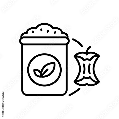 Composting line icon, Depicts a compost bin and an apple core, ideal for environmental, waste reduction, composting, organic recycling, or sustainable living themes.