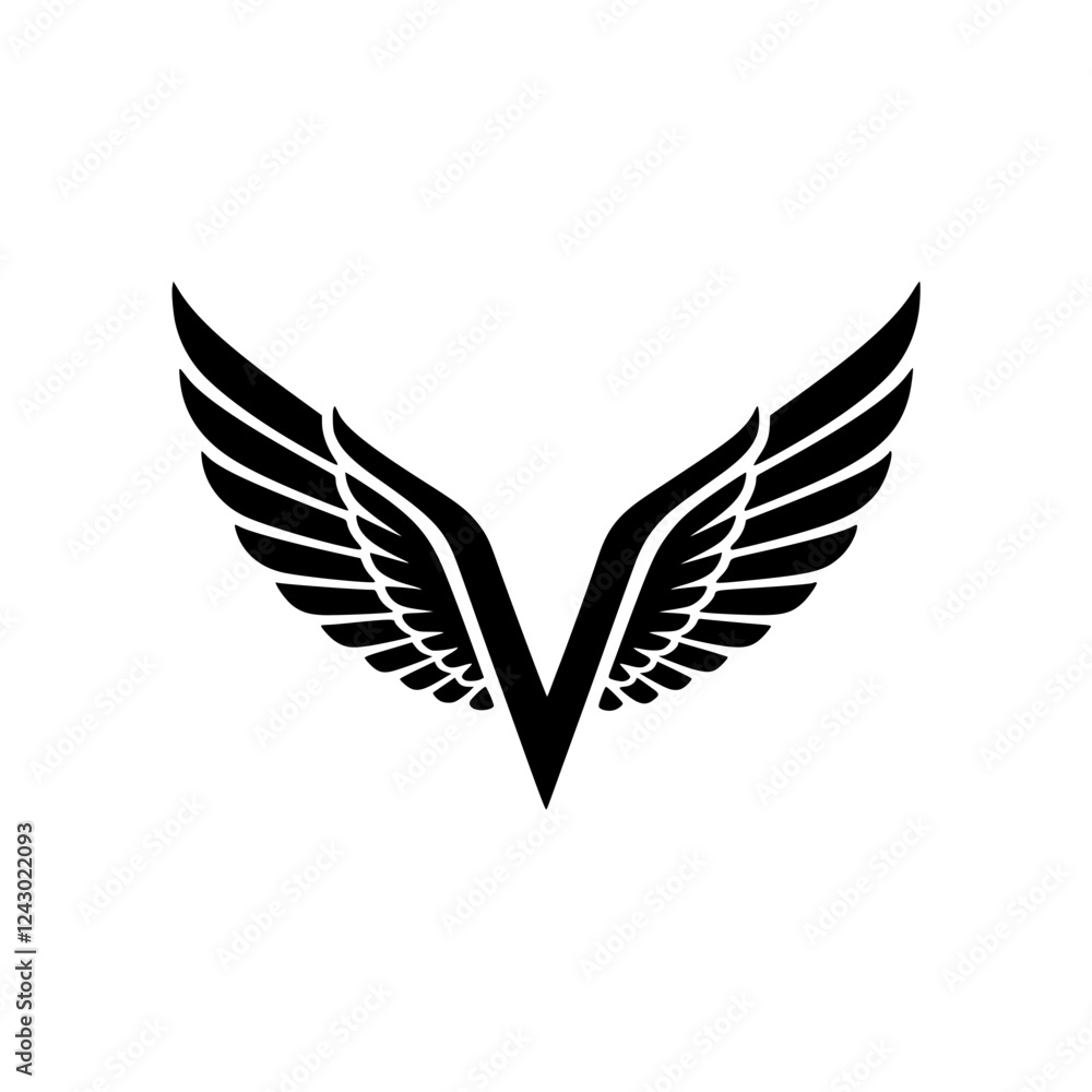Fototapeta premium Winged Letter V Black Logo Design, Black letter V with symmetrical wings, forming a bold and stylish logo. Ideal for branding, aviation, business, sports, or creative identity. 