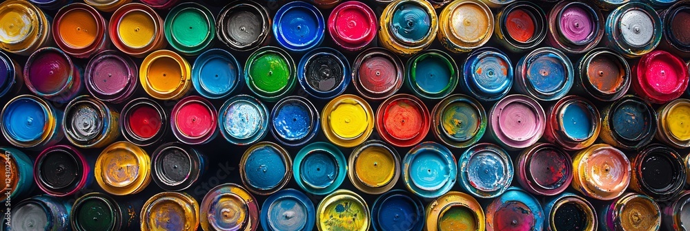 A banner showcasing an array of colorful paint cans or tins for interior design. A banner showcasing an array of colorful paint cans or tins for interior design.