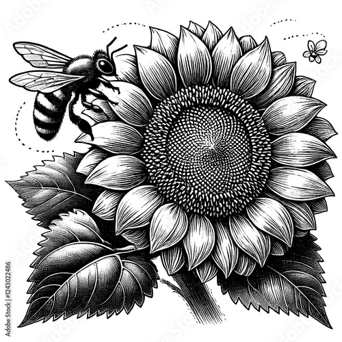 a sunflower with bee, sketch engraving black and white