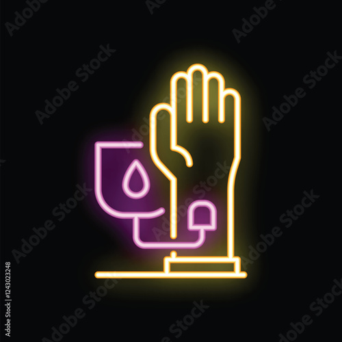 Neon sign of a hand donating blood with a needle connected to a blood bag, representing the concept of blood donation