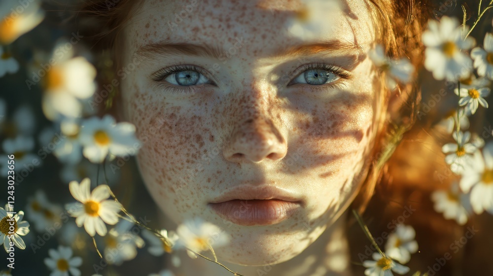 Close-up portrait of a girl surrounded by daisies, capturing the beauty of her freckles and blue eyes on a sunny day
