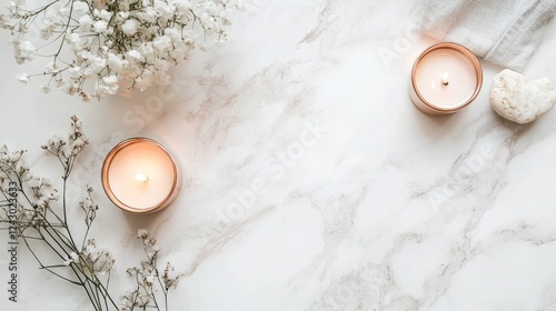 Serene arrangement of candles and delicate flowers on a marble surface.