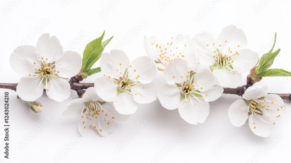 Delicate white cherry blossoms adorn a slender branch, capturing spring's beauty in a serene and tranquil setting Delicate white cherry blossoms adorn a slender branch, capturing spring's beauty in a serene and tranquil setting