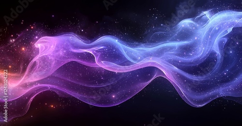 Futureuristic hi-tech mesh particles emit abstract purple energy waves against a glowing background.Abstract purple energy waves radiate from a mesh of advanced particles set against a glowing