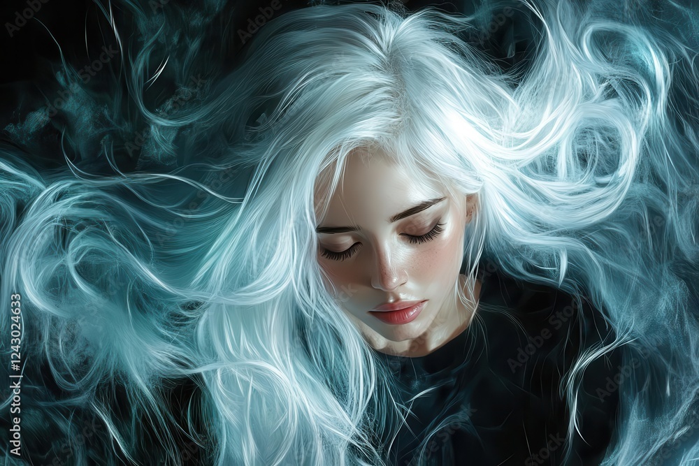 Fototapeta premium ethereal portrait of young woman with platinum white hair flowing like liquid mercury, dramatic chiaroscuro lighting, glossy reflections, dark mysterious background, digital painting style