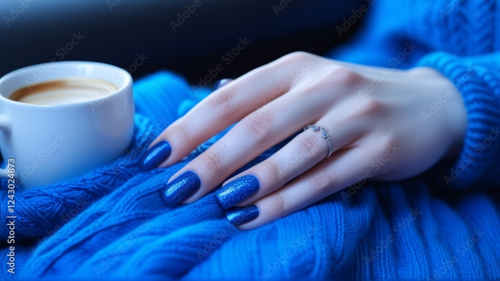 Fototapeta premium coffee with women's nails in blue tones