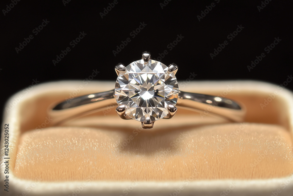 Elegant diamond engagement ring in a white gold setting, displayed in a box. A stunning diamond ring in a gift box, symbolizing love, commitment, and celebration. Luxury jewelry closeup