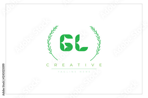 GL letters eco logo with leaf. Fresh nature and healthy leaf logo design.