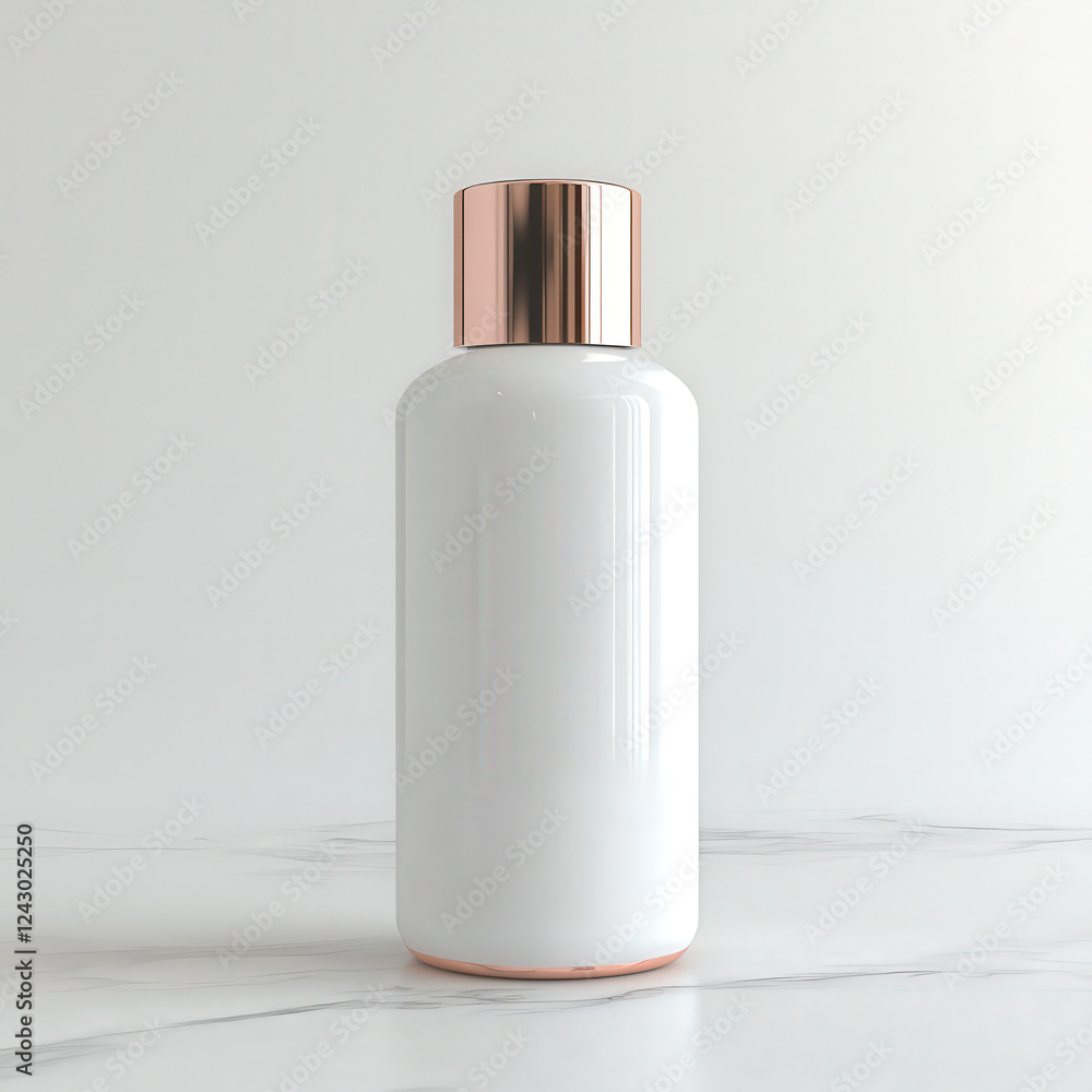White Bottle with Rose Gold Cap: A minimalist product mockup showcasing a pristine white bottle with a sleek rose gold cap, ready to be customized with your brand's identity. White Bottle with Rose Gold Cap: A minimalist product mockup showcasing a pristine white bottle with a sleek rose gold cap, ready to be customized with your brand's identity.