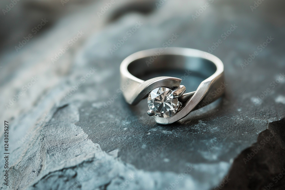 Elegant modern silver ring with center diamond on a textured background. A stunning silver ring designed with a brilliant diamond in beautiful lighting. Luxury jewelry closeup Elegant modern silver ring with center diamond on a textured background. A stunning silver ring designed with a brilliant diamond in beautiful lighting. Luxury jewelry closeup