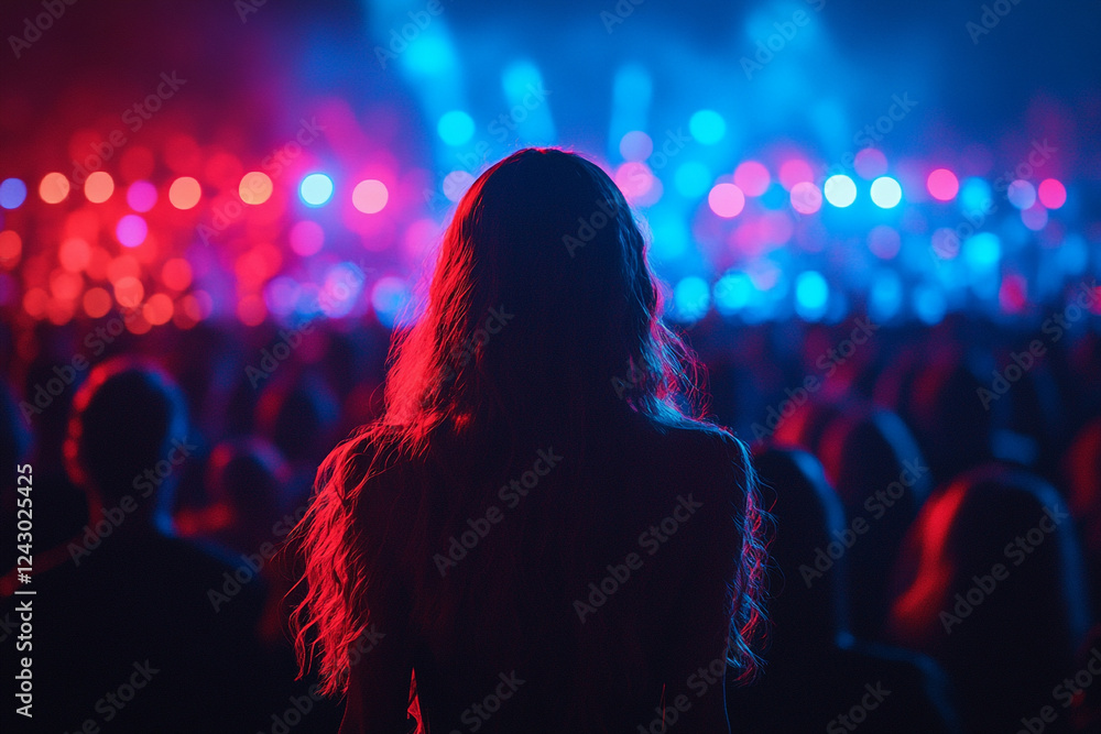 Woman Leading A Lively Concert Performance With A Captivating Crowd And Stunning Red Blue Glowing Lights Creating A Dramatic Cinematic Atmosphere. Generative Ai Woman Leading A Lively Concert Performance With A Captivating Crowd And Stunning Red Blue Glowing Lights Creating A Dramatic Cinematic Atmosphere. Generative Ai