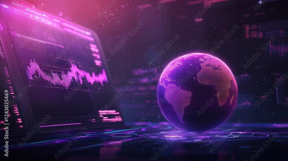 Abstract digital globe with glowing purple and pink hues rests on a dark surface next to a laptop displaying data charts. Cyberpunk aesthetic. Abstract digital globe with glowing purple and pink hues rests on a dark surface next to a laptop displaying data charts. Cyberpunk aesthetic.