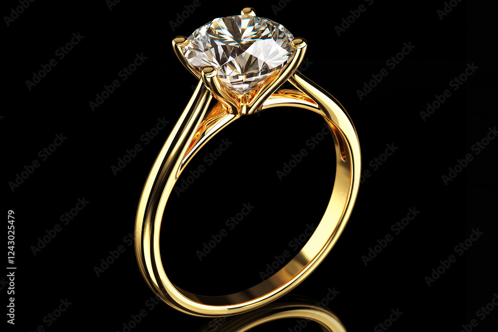 Elegant gold ring with a brilliant diamond on a black background. Beautiful diamond ring in a gold setting, showcasing elegance and sophistication. Luxury jewelry closeup Elegant gold ring with a brilliant diamond on a black background. Beautiful diamond ring in a gold setting, showcasing elegance and sophistication. Luxury jewelry closeup