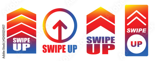 Set illustration of colorful swipe-up icons featuring upward arrows and gradient designs in shades of red, orange, and blue. Ideal for use in social media stories, website banners, or promotional