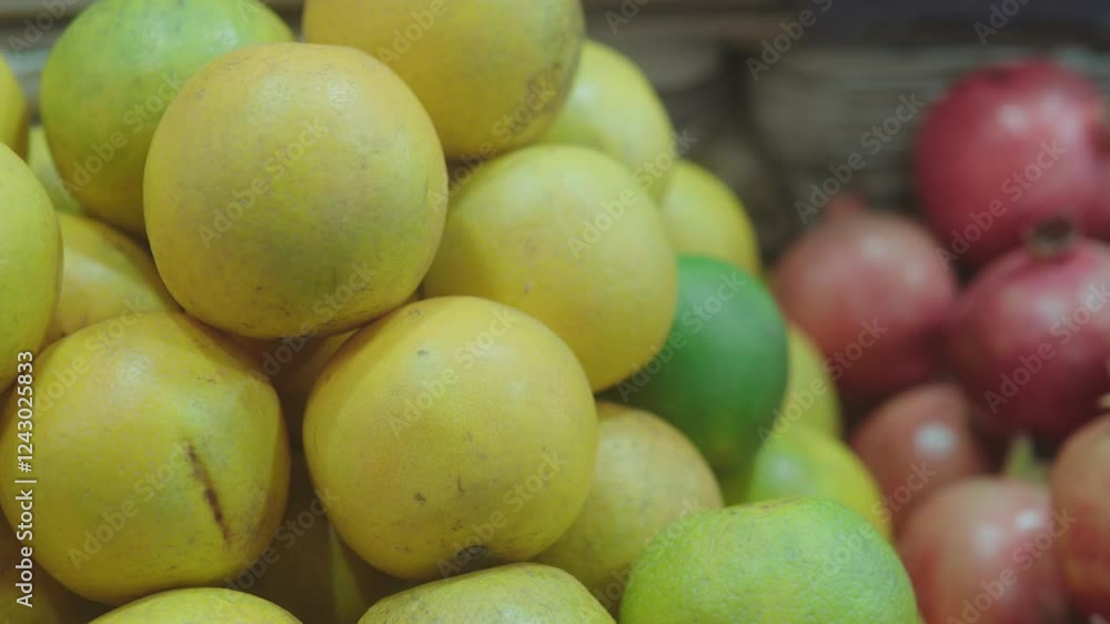 Fresh yellow-green fruits piled high, with vibrant pomegranates in the background at a bustling market Fresh yellow-green fruits piled high, with vibrant pomegranates in the background at a bustling market