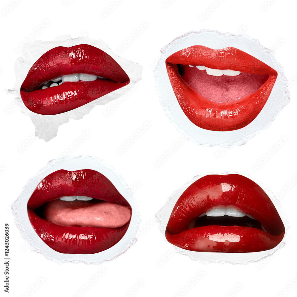 Obraz premium Png kissable lips expression stickers for Valentine's day set