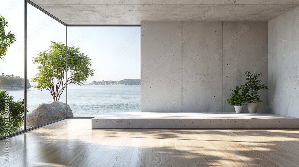 Fototapeta premium An empty, bright hall featuring a large window and parquet, illuminated by natural light