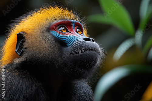 A stunning close-up of a mandrill in its natural African habitat. Vivid colors, piercing eyes, and intricate fur details make this portrait a striking wildlife capture. photo