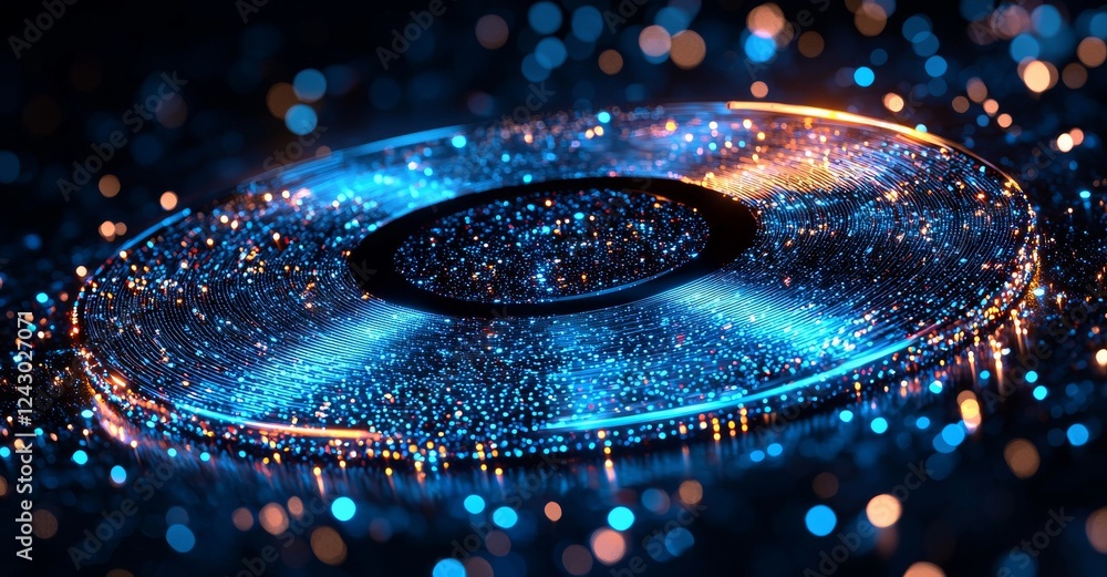 Fototapeta premium An abstract glowing looped light showcasing hi-tech energy in the form of a blue round ball sphere, resembling an atom clot of energy, composed of lines and particles in a futuristic style with an