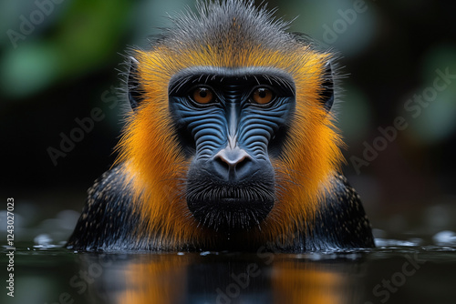 A stunning close-up of a mandrill in its natural African habitat. Vivid colors, piercing eyes, and intricate fur details make this portrait a striking wildlife capture. photo