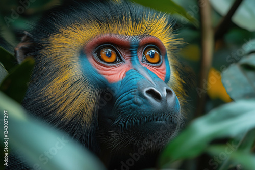 A stunning close-up of a mandrill in its natural African habitat. Vivid colors, piercing eyes, and intricate fur details make this portrait a striking wildlife capture. photo