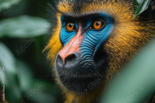 A stunning close-up of a mandrill in its natural African habitat. Vivid colors, piercing eyes, and intricate fur details make this portrait a striking wildlife capture. photo