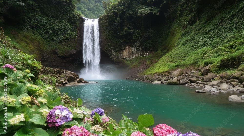 Fototapeta premium A serene waterfall surrounded by lush greenery and colorful flowers.