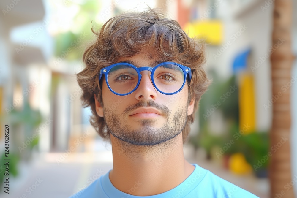 A young man with curly hair and blue glasses stands confidently in a blurred outdoor setting. He wears a light blue shirt and has a neutral expression, with greenery and buildings softly blurred. A young man with curly hair and blue glasses stands confidently in a blurred outdoor setting. He wears a light blue shirt and has a neutral expression, with greenery and buildings softly blurred.