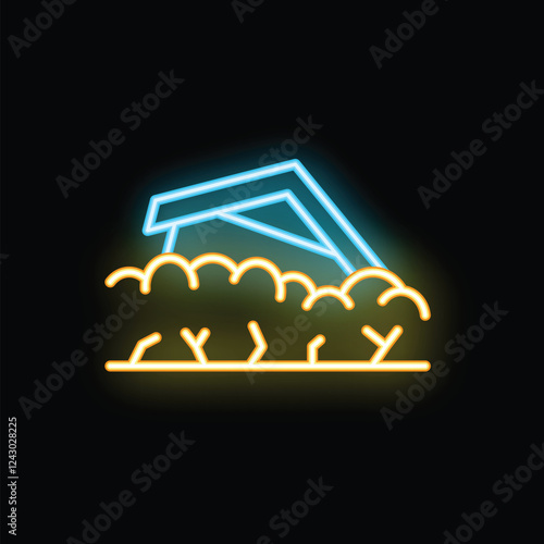 Neon sign of a carport standing in front of bushes on black background