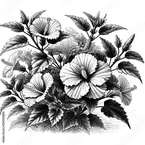 a hibiscus bush, sketch engraving black and white