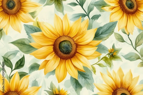 Vibrant sunflowers with lush green leaves create a cheerful floral pattern on a light background suitable for various decorative uses