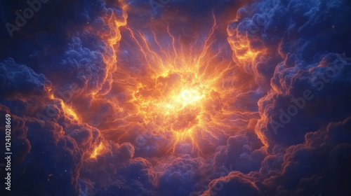 Wallpaper Mural A mesmerizing skyscape featuring a powerful blend of swirling storm clouds, illuminated by a fiery burst of golden-orange light piercing through the darkness Torontodigital.ca