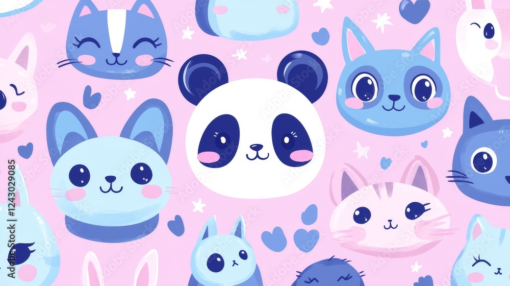 Obraz premium Cute animal faces pattern digital art whimsical design pink background fun style