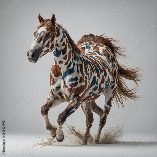 A horse with a unique coat pattern, captured mid-motion, standing against an all-white background.