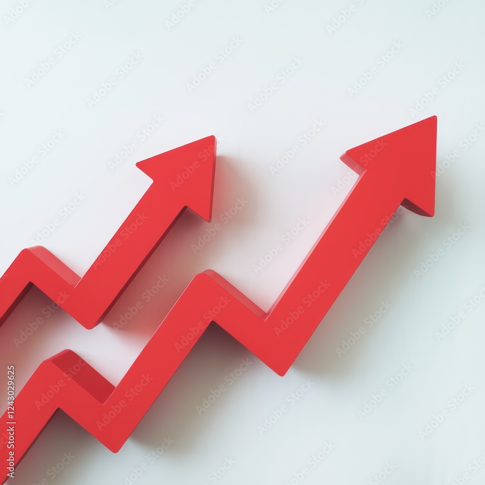 Two red upward arrows, symbolizing growth and progress, zig-zagging dynamically against a clean backdrop Two red upward arrows, symbolizing growth and progress, zig-zagging dynamically against a clean backdrop