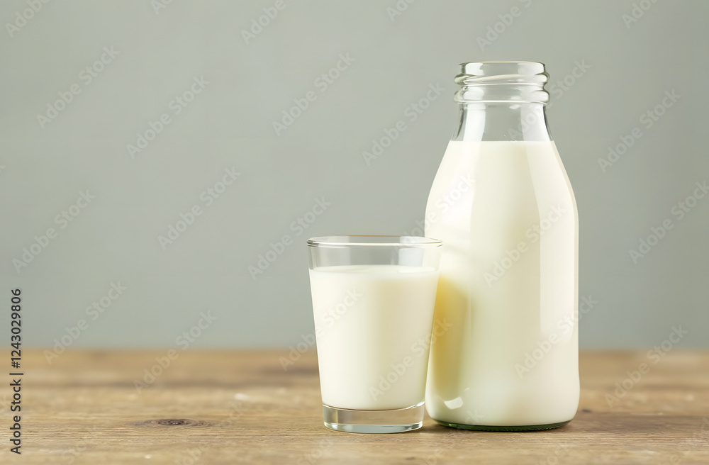 Bottle and glass of milk on wooden table. A glass bottle and filled glass of fresh milk on a rustic wooden surface against a soft green background, with ample copy space Bottle and glass of milk on wooden table. A glass bottle and filled glass of fresh milk on a rustic wooden surface against a soft green background, with ample copy space