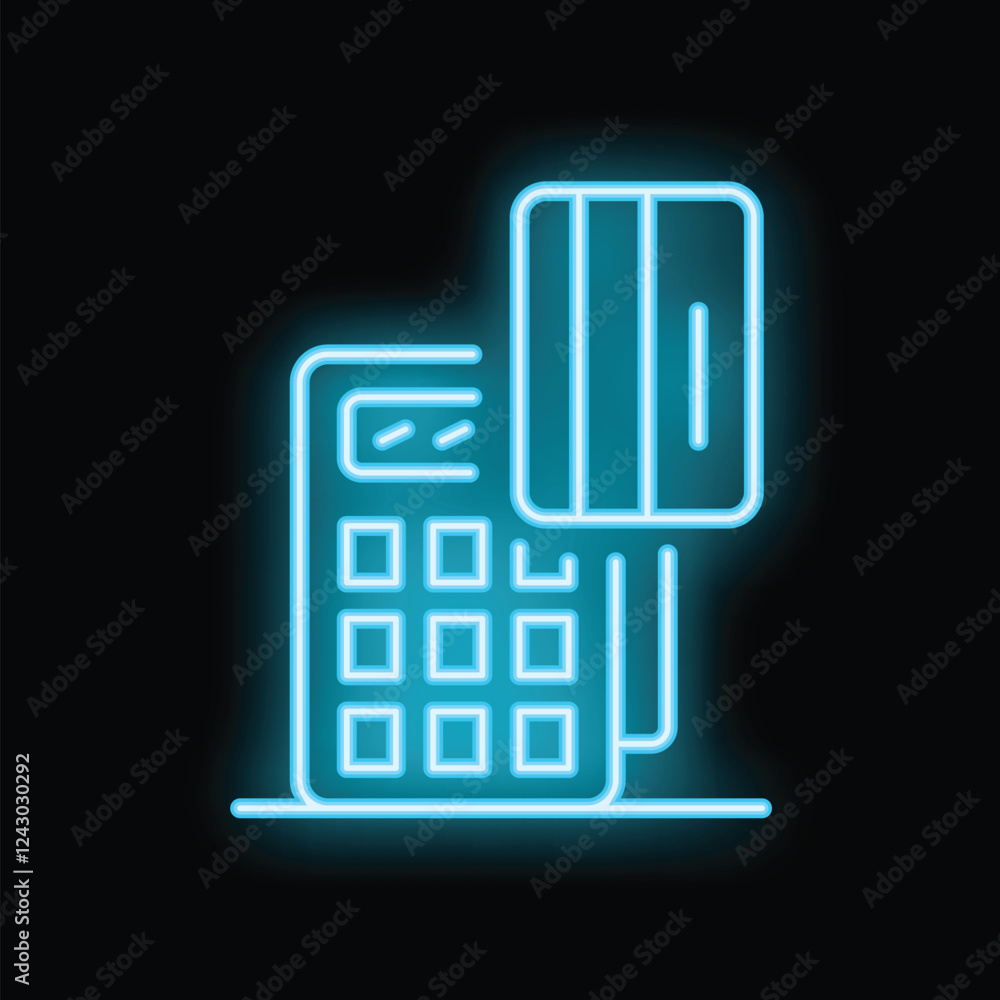 Blue neon sign representing a credit card being inserted in a pos terminal on a black background Blue neon sign representing a credit card being inserted in a pos terminal on a black background