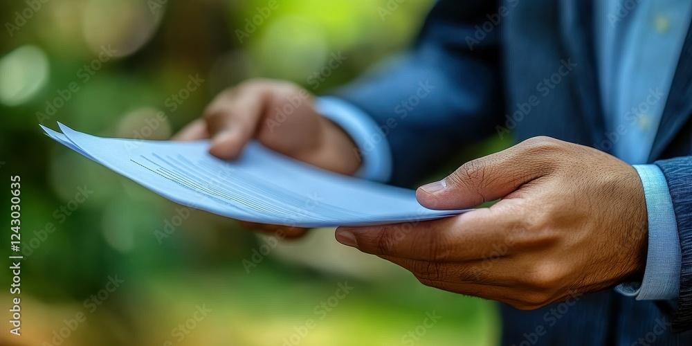 A person dressed in business attire stands outside, holding several sheets of blue paper in both hands, surrounded by vibrant greenery. The atmosphere appears calm and professional A person dressed in business attire stands outside, holding several sheets of blue paper in both hands, surrounded by vibrant greenery. The atmosphere appears calm and professional