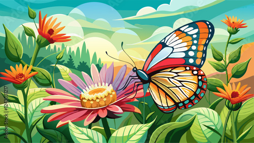 A lovely photograph of a butterfly resting delicately on a blooming flower during a sunny day