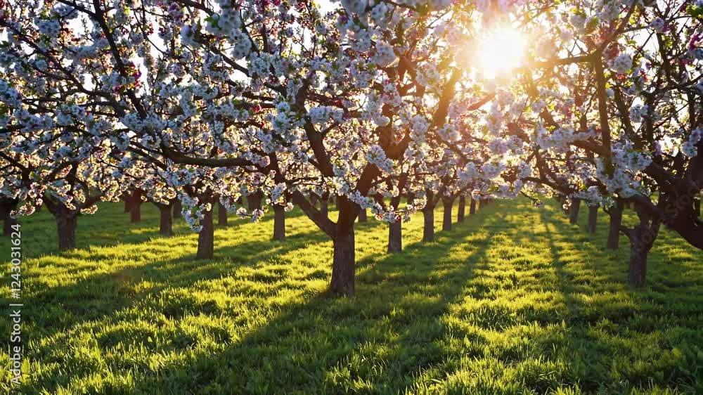 Blooming orchard captures the beauty of spring light in a serene landscape Blooming orchard captures the beauty of spring light in a serene landscape