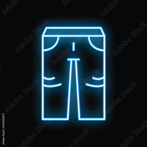 Blue neon sign in form of mens pants glowing in darkness, concept of mens fashion store, atelier, tailoring