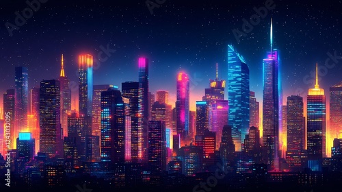 Vibrant night skyline futuristic city digital art urban landscape aesthetic viewpoint technology concept