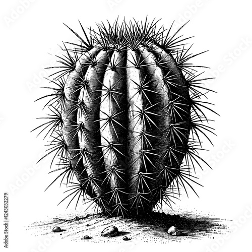 a cactus with spine, sketch engraving black and white