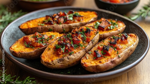 Wallpaper Mural Delicious Stuffed Sweet Potatoes With Savory Toppings at Dinner. Generative AI Torontodigital.ca